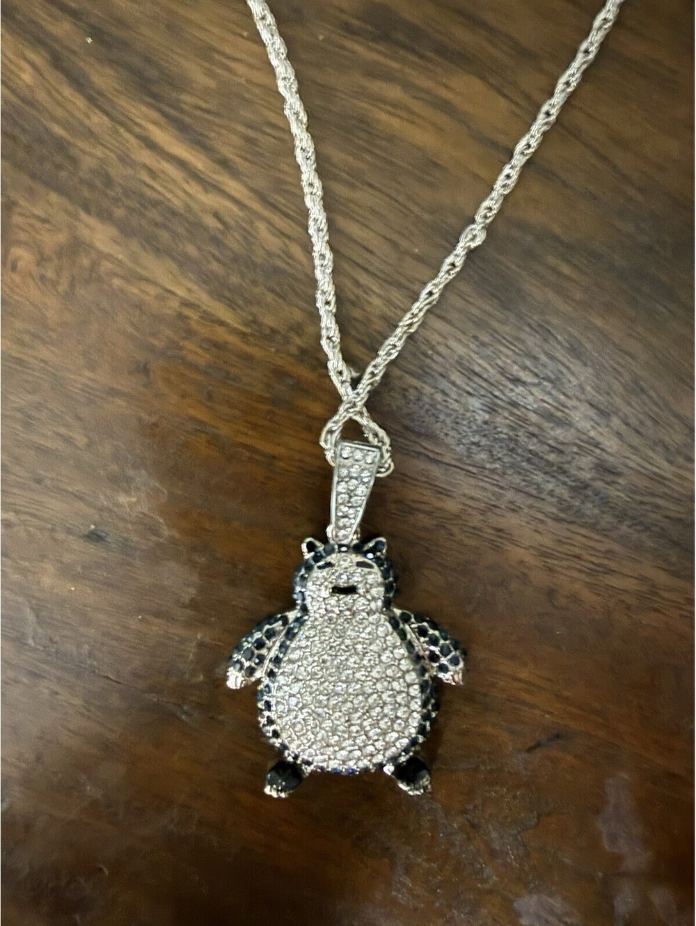 Snorlax Pokemon Inspired Iced Out Pendant Silver Tone Rope Chain Rhinestone